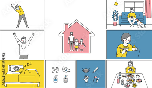 Health and wellness vector illustration collage with exercise, family at home, pets, hobbies, hygiene, sleep, nutrition, lifestyle artwork design