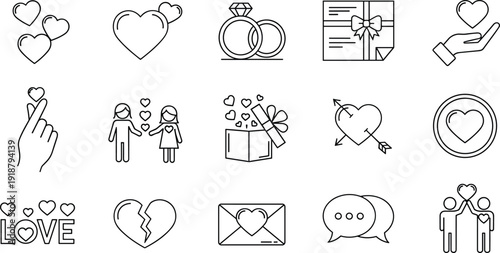 Love and romance line icons set, heart relationship wedding gift message and dating symbols collection vector