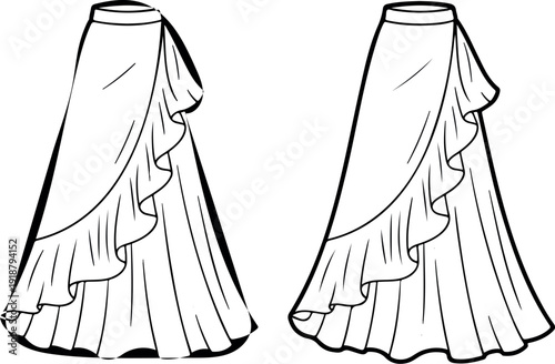 Foto Women’s Asymmetrical Ruffle Skirt Technical Flat Sketch Front & Back Views