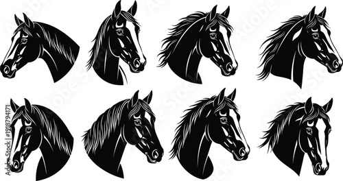 Horse head silhouette vector illustration collection with unique mane styles, detailed facial expressions, decorative equine artwork, black profile design