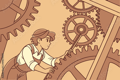 Young inventor thoughtfully adjusts intricate gears in a whimsical mechanical workshop