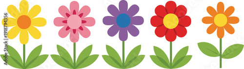 Colorful cartoon flowers border with green leaves for spring garden decoration and kids design
