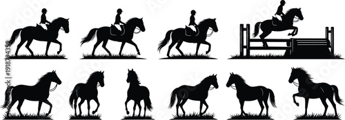 Horse rider silhouette vector illustration, equestrian activity artwork, jumping horse design, trotting animal emblem, black and white composition