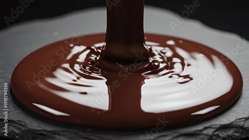 Close-up of a rich, velvety stream of melted dark chocolate pouring onto a flat surface, creating smooth, decadent ripples, perfect for confectionery, baking, and sweet culinary designs
