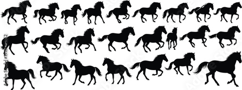 Horse silhouettes, galloping motion sequence, equine locomotion stages in black vector design, animal movement illustration for animation and biomechanics studies