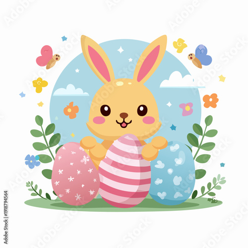 Easter bunny holding eggs surrounded by flowers and butterflies in a whimsical spring scene illustration