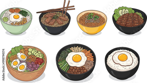Korean rice bowl dishes illustration set. Bibimbap style meals with vegetables, meat and raw egg in grid layout. Minimal food design isolated on white background.