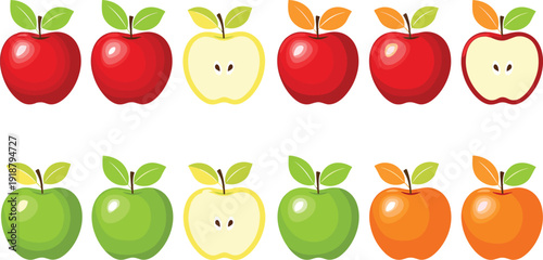 Cartoon apple collection illustration. Red, green, yellow and orange apples with cut halves in two rows. Bright fruit design isolated on light background.