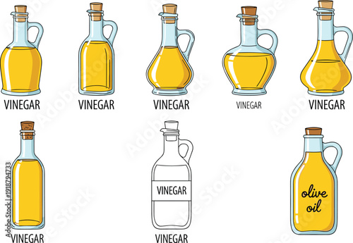 Glass vinegar bottles illustration set. Yellow liquid containers with cork stoppers and olive oil bottle. Clean minimalist design isolated on light gray background.