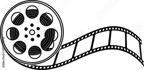 Film reel with curved movie strip outline icon for cinema production video editing and media concept
