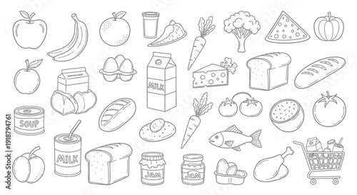 Line art illustration of various grocery items including fruits, vegetables, dairy products, bread, canned goods, and meat, all in a simple outline style.