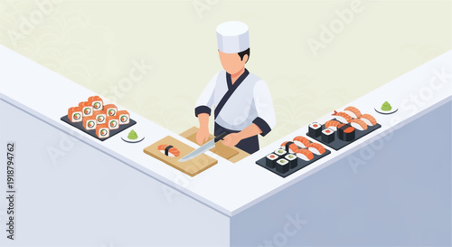 Isometric illustration of a sushi chef preparing fresh sushi rolls and nigiri at a restaurant counter.