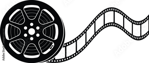 Film reel with flowing movie strip solid icon for cinema production video editing and media design