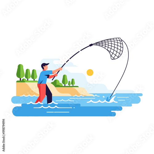 Man fishing in water with a net and rod.