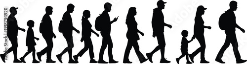 Human life stages progression silhouettes, walking child to adult evolution, generational growth concept, family development vector illustration design