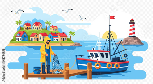 Fisherman on dock with boat and coastal village