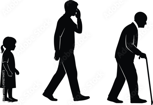 Human life stages silhouette vector illustration, child adult and elderly progression showing aging, growth, development and generational concept design