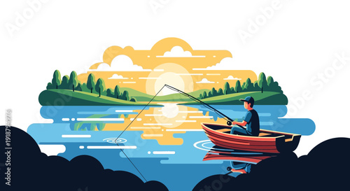 Person fishing from a boat on a calm lake at sunrise.