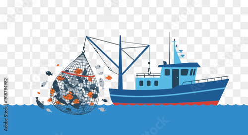 Fishing boat hauling a net full of fish from the ocean.