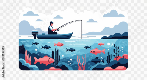 Man fishes from boat surrounded by underwater life and distant shore.