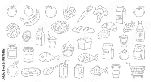 A collection of hand-drawn outline illustrations of various grocery items and food products.
