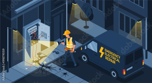 An isometric illustration of an electrician performing emergency electrical repair at night on a city street, inspecting a power box with a flashlight next to a service van.