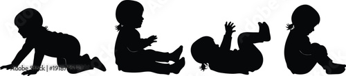 Silhouette illustration of child in crawling, sitting, lying, and upright postures, developmental stages, playful design, minimalist vector artwork