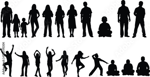 Silhouette illustration of human figures showing growth stages, standing, seated, jumping, dancing, stretching, diverse posture and lifestyle concept
