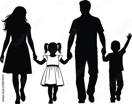 Silhouette illustration of family walking together, two adults with children, unity, bonding, support, connection, minimalist vector artwork design