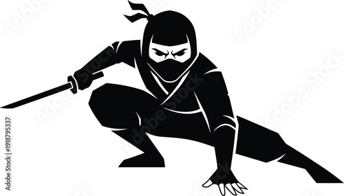 Silhouette illustration of ninja crouched in ready pose, sword in hand, stealth and agility theme, dynamic vector artwork design