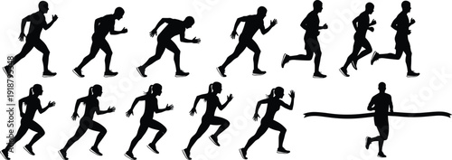 Silhouette illustration of running sequence showing motion stages, athlete progression, finish line ribbon, sports training, biomechanics, dynamic movement concept