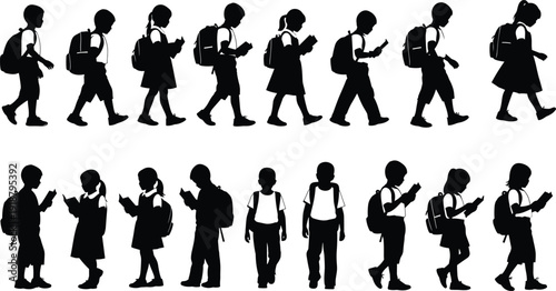 Silhouette illustration of school children walking with backpacks while using smartphones, modern technology influence, youth lifestyle concept