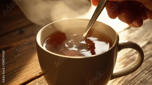 Steaming hot tea being stirred in a white mug on a rustic wooden table with bright sunlight