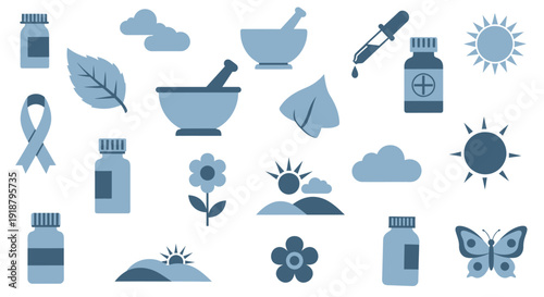 A collection of blue icons representing nature, health, and wellness, including bottles, plants, suns, clouds, and a butterfly.