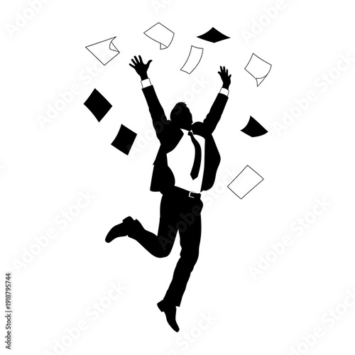 Man in Suit Jumping with Papers.
