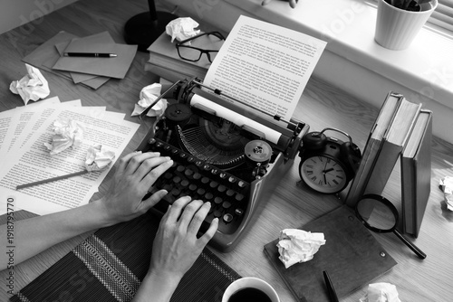 Hands of author using vinta...