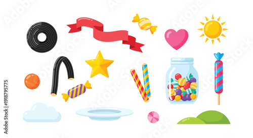 A vibrant collection of colorful candies, a jar of sweets, a red ribbon, a star, a heart, a sun, and other playful elements on a white background.