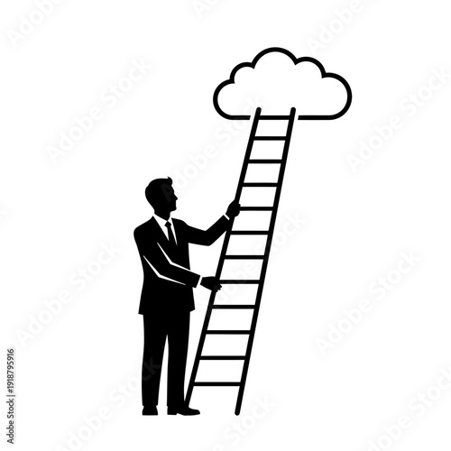 Businessman Climbs Ladder to Cloud Success.