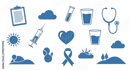 Collection of blue health, medical, and wellness icons on a white background, representing various aspects of well-being, healthcare, and lifestyle.