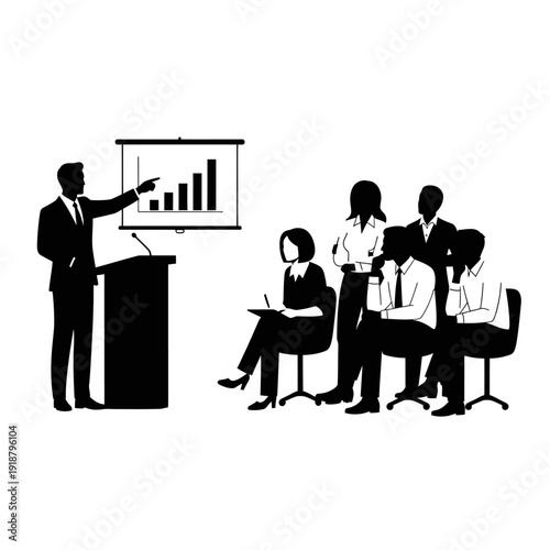 Businessman presenting graph to corporate team members.