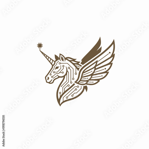 Mythical Unicorn Head with Wings and Star, Vector Illustration, Fantasy Creature