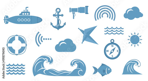 Collection of blue nautical and marine themed icons including submarine, anchor, waves, compass, and sun on a white background.