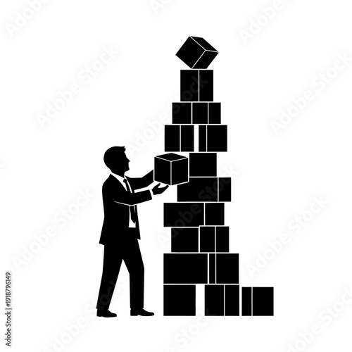 Businessman Building Tower with Black Cubes.