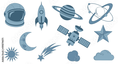 A collection of blue monochromatic space and celestial objects including planets, stars, rockets, and an astronaut helmet on a white background.