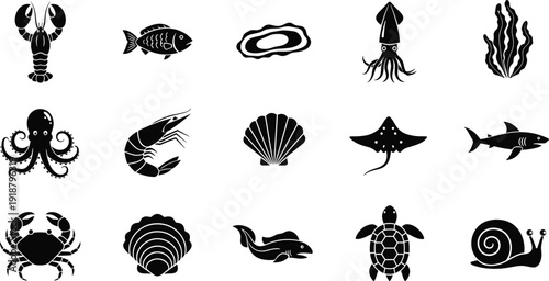 Seafood and marine animals silhouette icons set, fish crab lobster shrimp squid turtle and shell collection vector