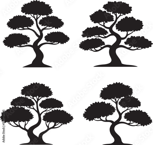 Minimalist black silhouette bonsai trees