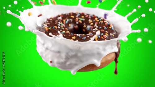 Delicious chocolate donut with vibrant sprinkles captured in a dynamic splash of fresh white milk, creating an exciting and refreshing visual against a vivid green background