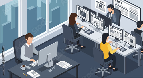 An isometric view of a modern office space with multiple employees working at computers, featuring large windows overlooking a city skyline.