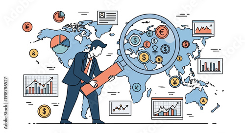 A businessman analyzing global financial data and market trends on a world map with a magnifying glass.