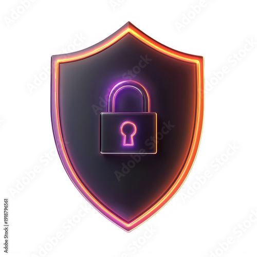 Digital security shield with glowing padlock icon isolated on transparent background